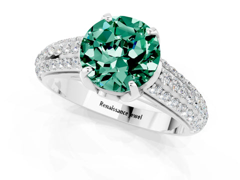 White gold Round Cut Green Sapphire Solitaire Ring with Three-Row Pavé Band and Four-Prong Setting_13
