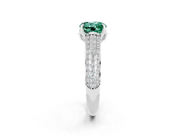 Platinum Round Cut Green Sapphire Solitaire Ring with Three-Row Pavé Band and Four-Prong Setting