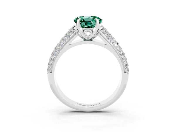 Platinum Round Cut Green Sapphire Solitaire Ring with Three-Row Pavé Band and Four-Prong Setting