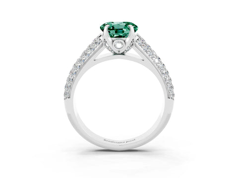 White gold Round Cut Green Sapphire Solitaire Ring with Three-Row Pavé Band and Four-Prong Setting_15