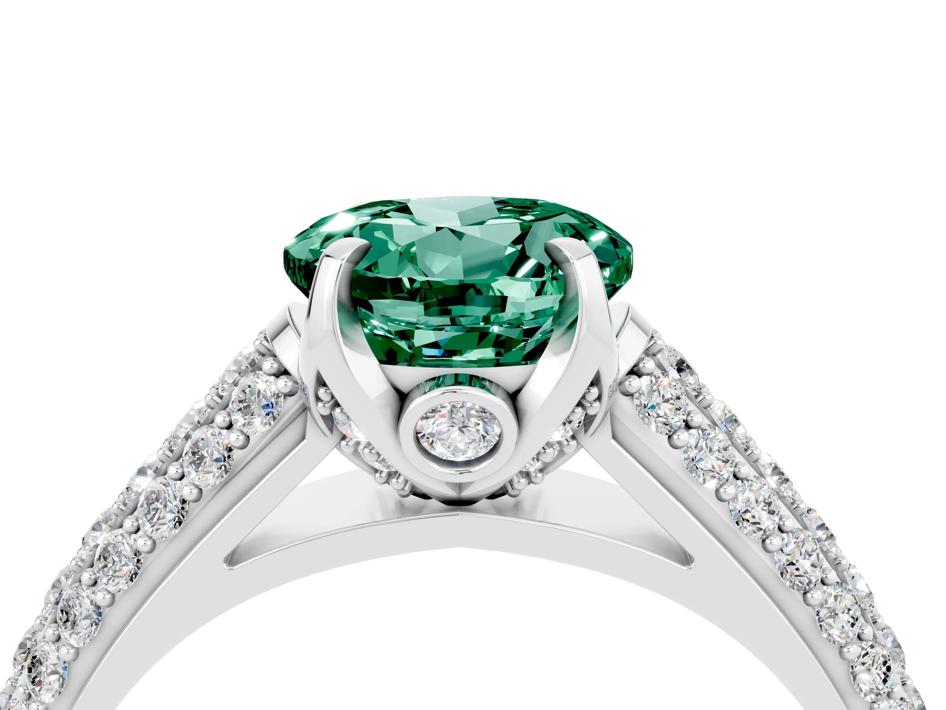 White gold Round Cut Green Sapphire Solitaire Ring with Three-Row Pavé Band and Four-Prong Setting_16