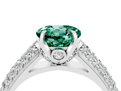 White gold Round Cut Green Sapphire Solitaire Ring with Three-Row Pavé Band and Four-Prong Setting_16