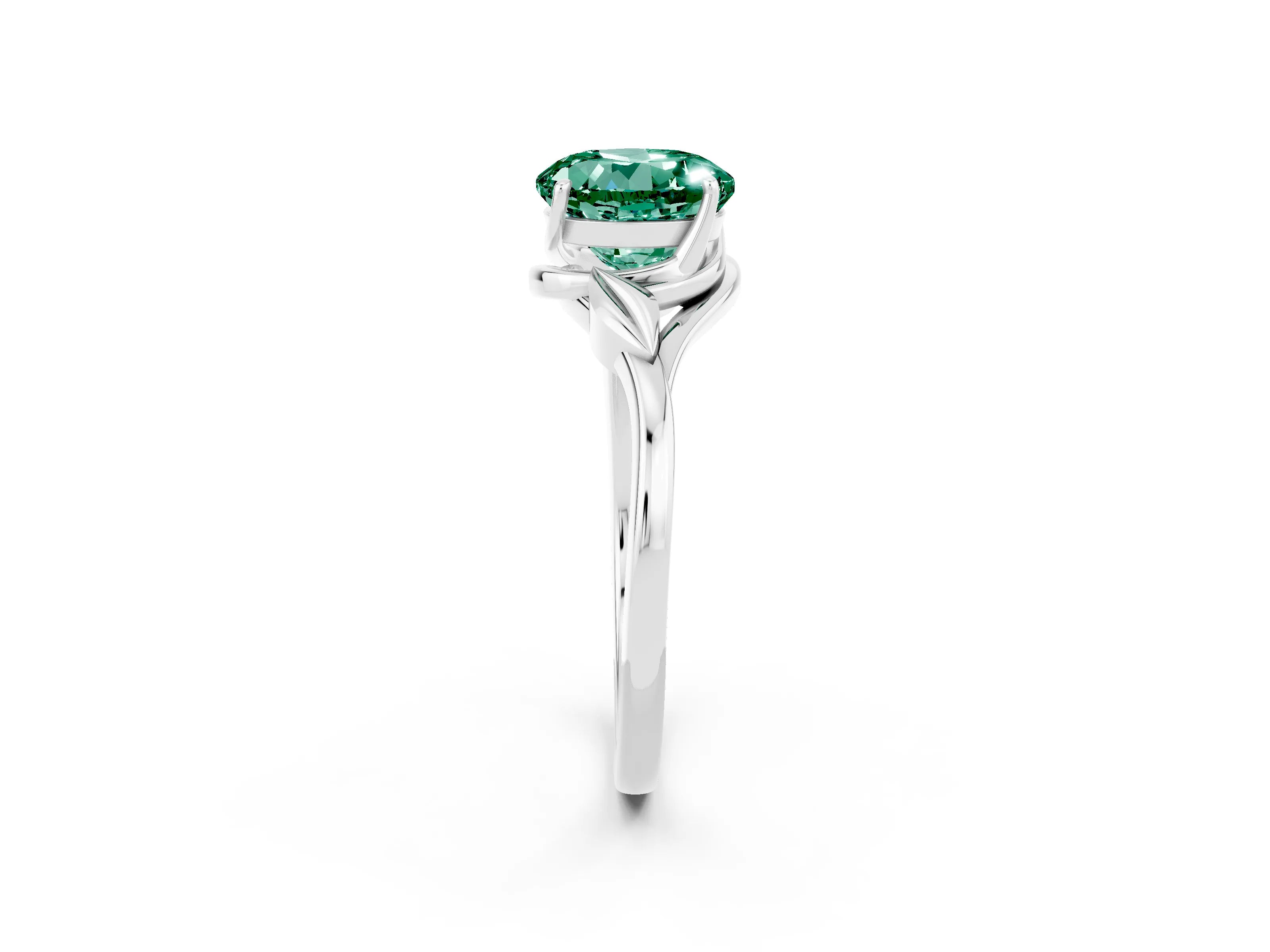 White gold Round Cut Green Sapphire Solitaire Ring with Twist Band and Four-Prong Setting_14