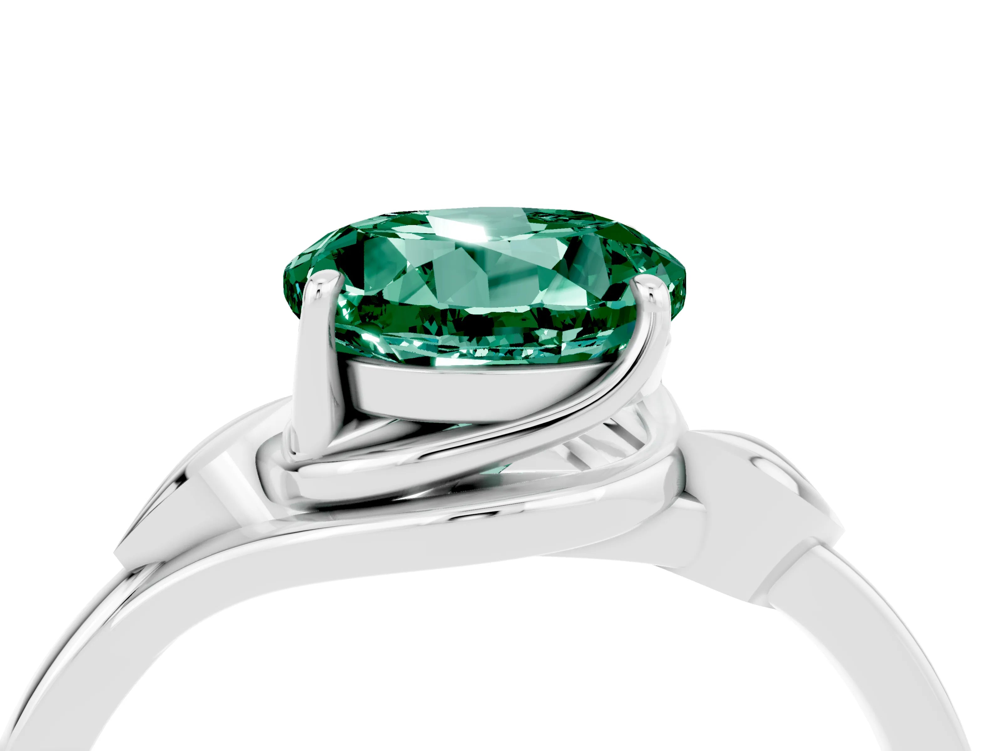 White gold Round Cut Green Sapphire Solitaire Ring with Twist Band and Four-Prong Setting_16