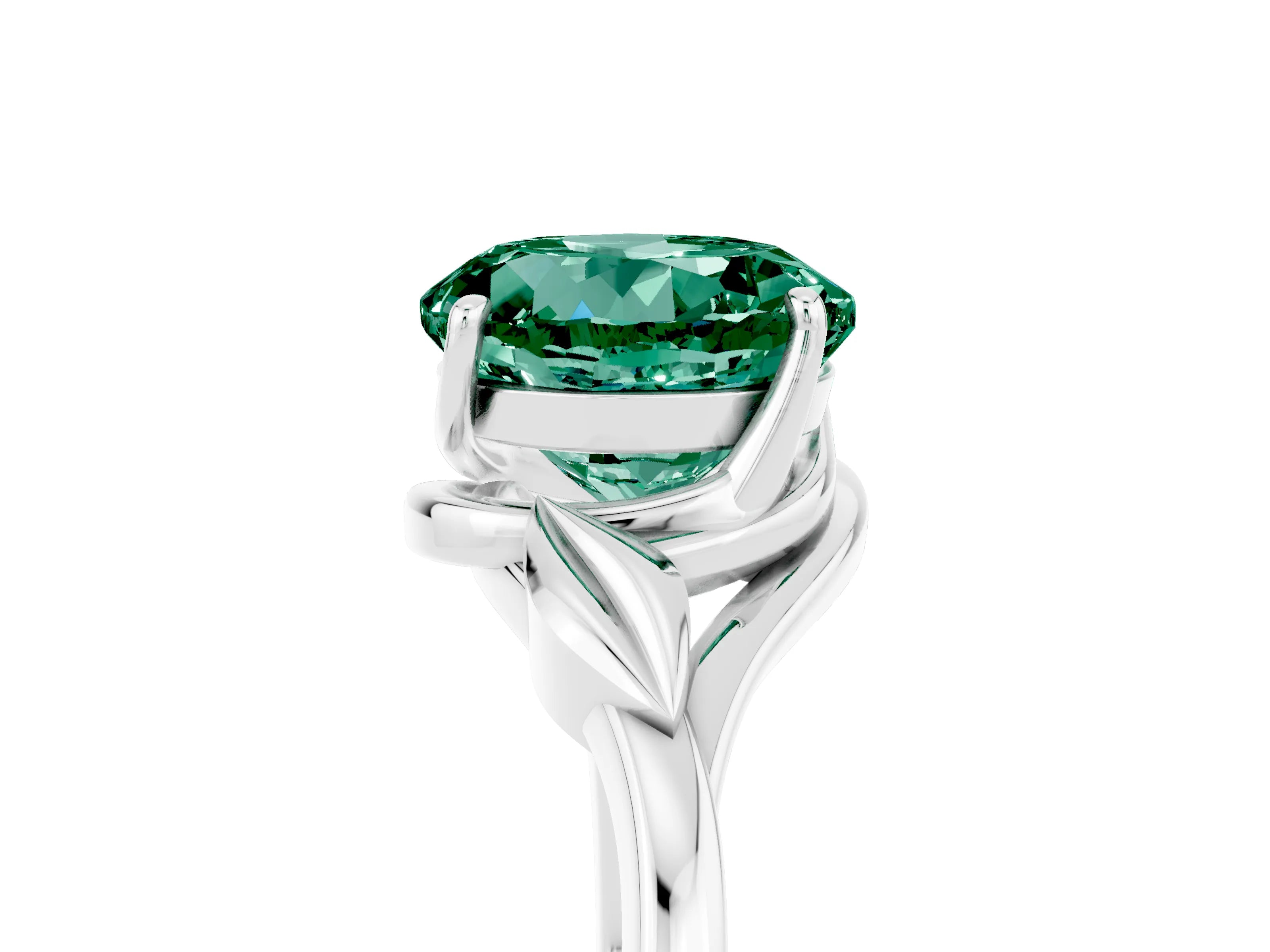 White gold Round Cut Green Sapphire Solitaire Ring with Twist Band and Four-Prong Setting_17