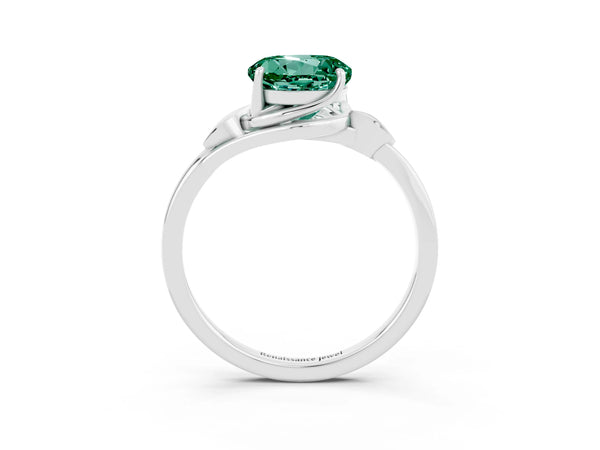 White gold Round Cut Green Sapphire Solitaire Ring with Twist Band and Four-Prong Setting