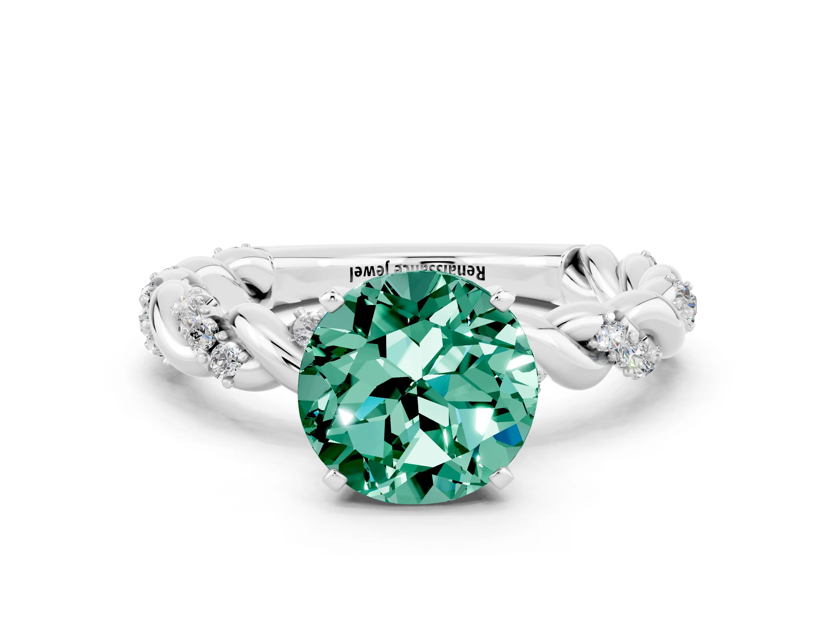 White gold Round Cut Green Sapphire Solitaire Ring with Twisted Band and Pavé Accents