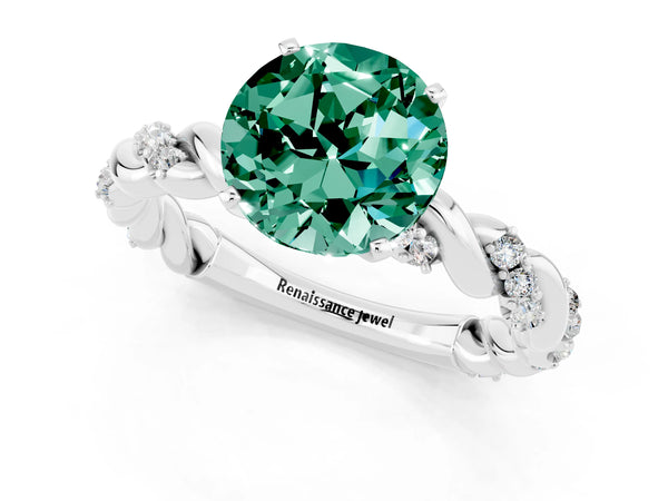Silver Round Cut Green Sapphire Solitaire Ring with Twisted Band and Pavé Accents