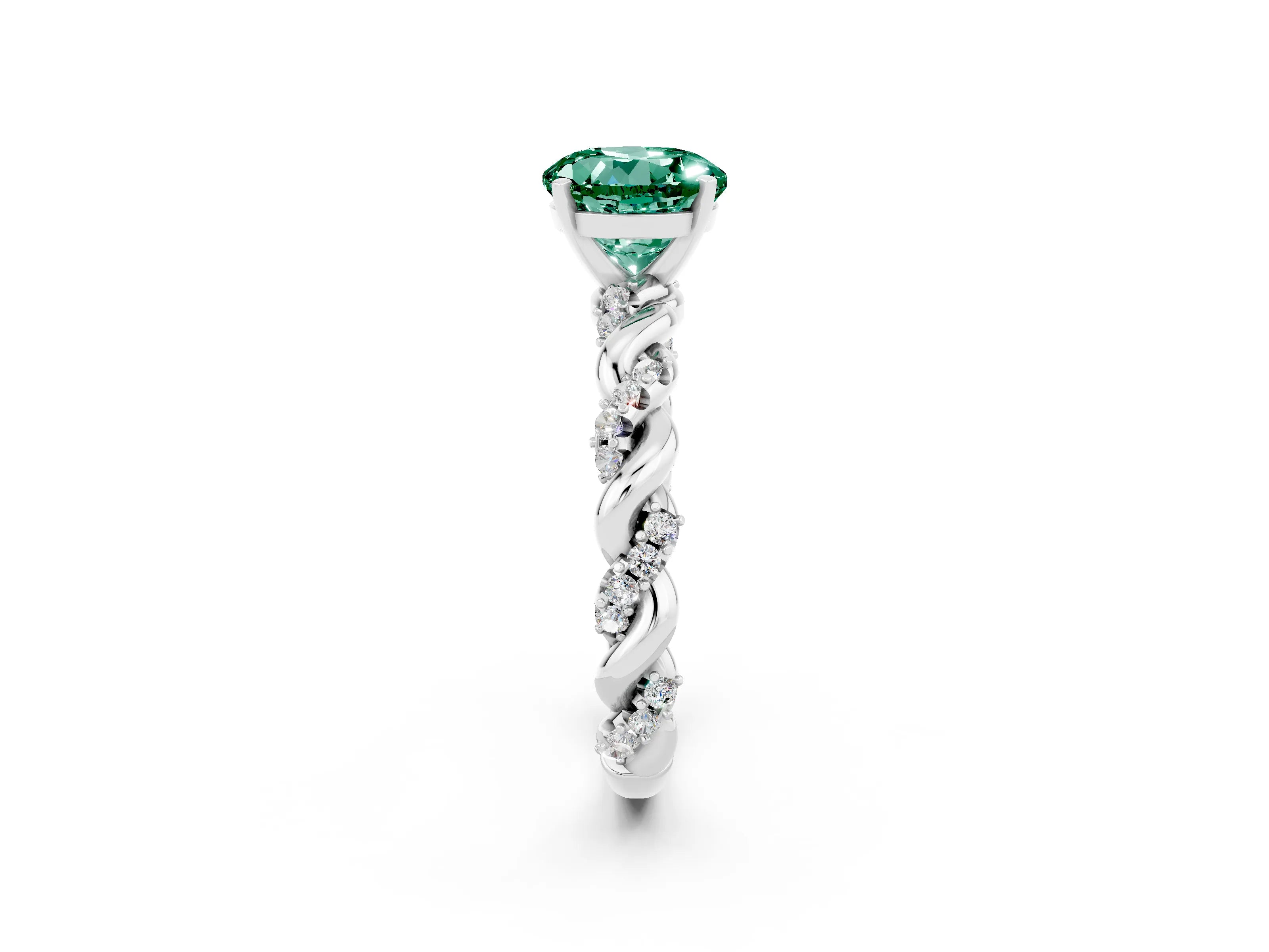 White gold Round Cut Green Sapphire Solitaire Ring with Twisted Band and Pavé Accents_2