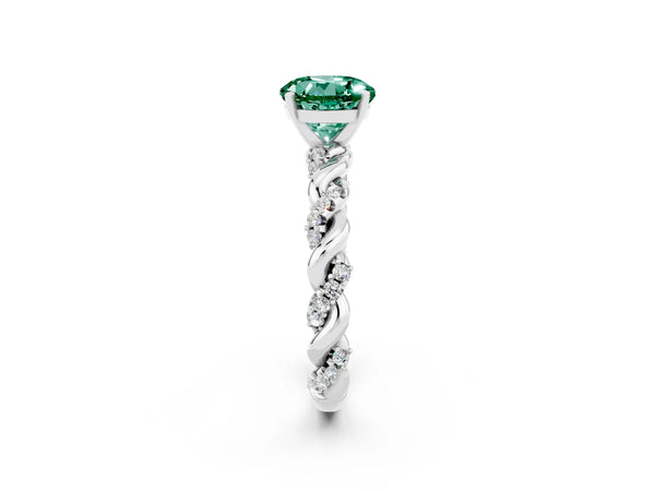 White gold Round Cut Green Sapphire Solitaire Ring with Twisted Band and Pavé Accents