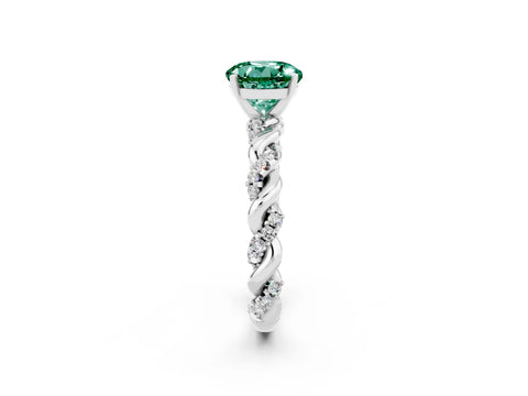 White gold Round Cut Green Sapphire Solitaire Ring with Twisted Band and Pavé Accents_2