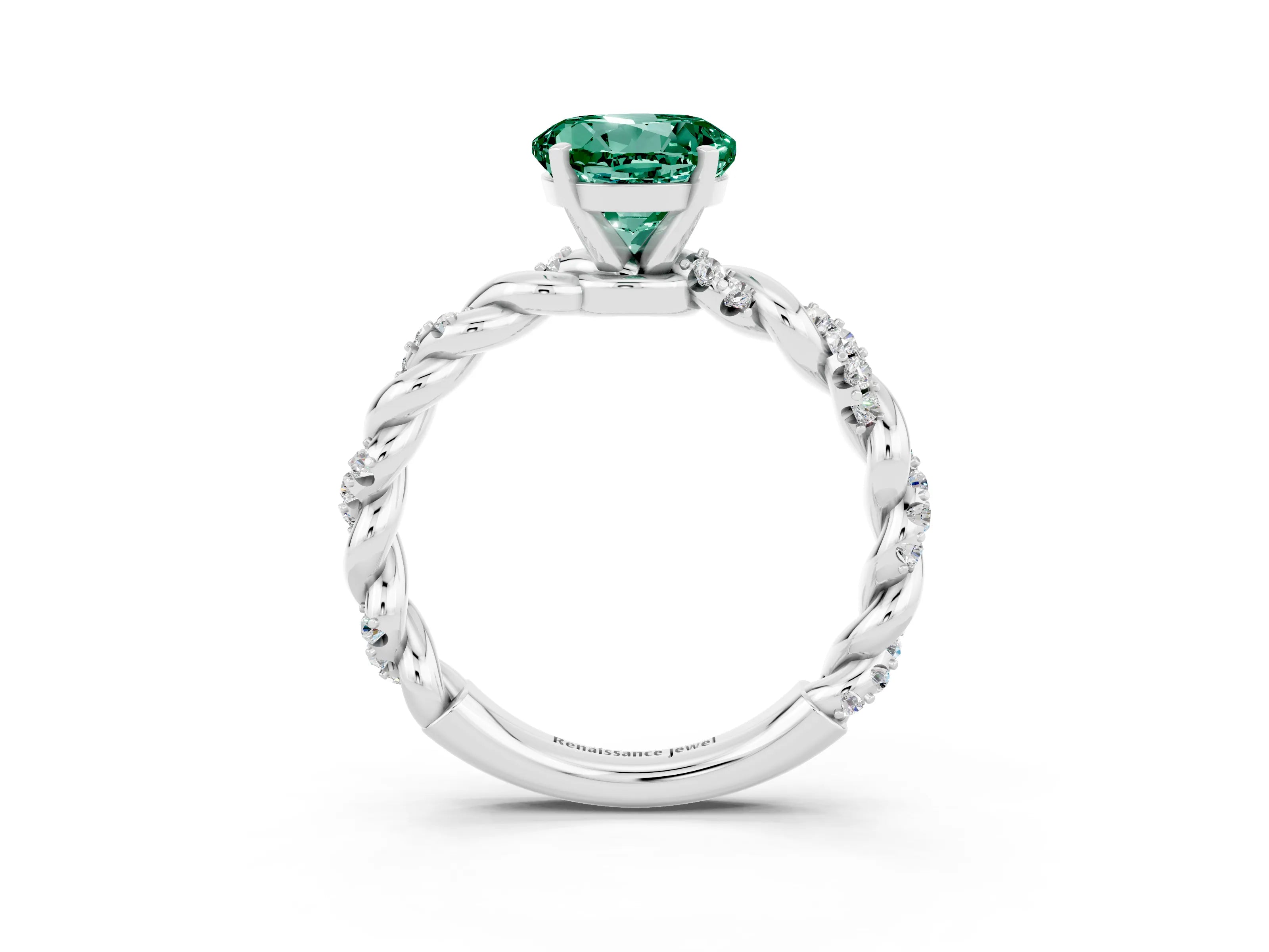 White gold Round Cut Green Sapphire Solitaire Ring with Twisted Band and Pavé Accents_3