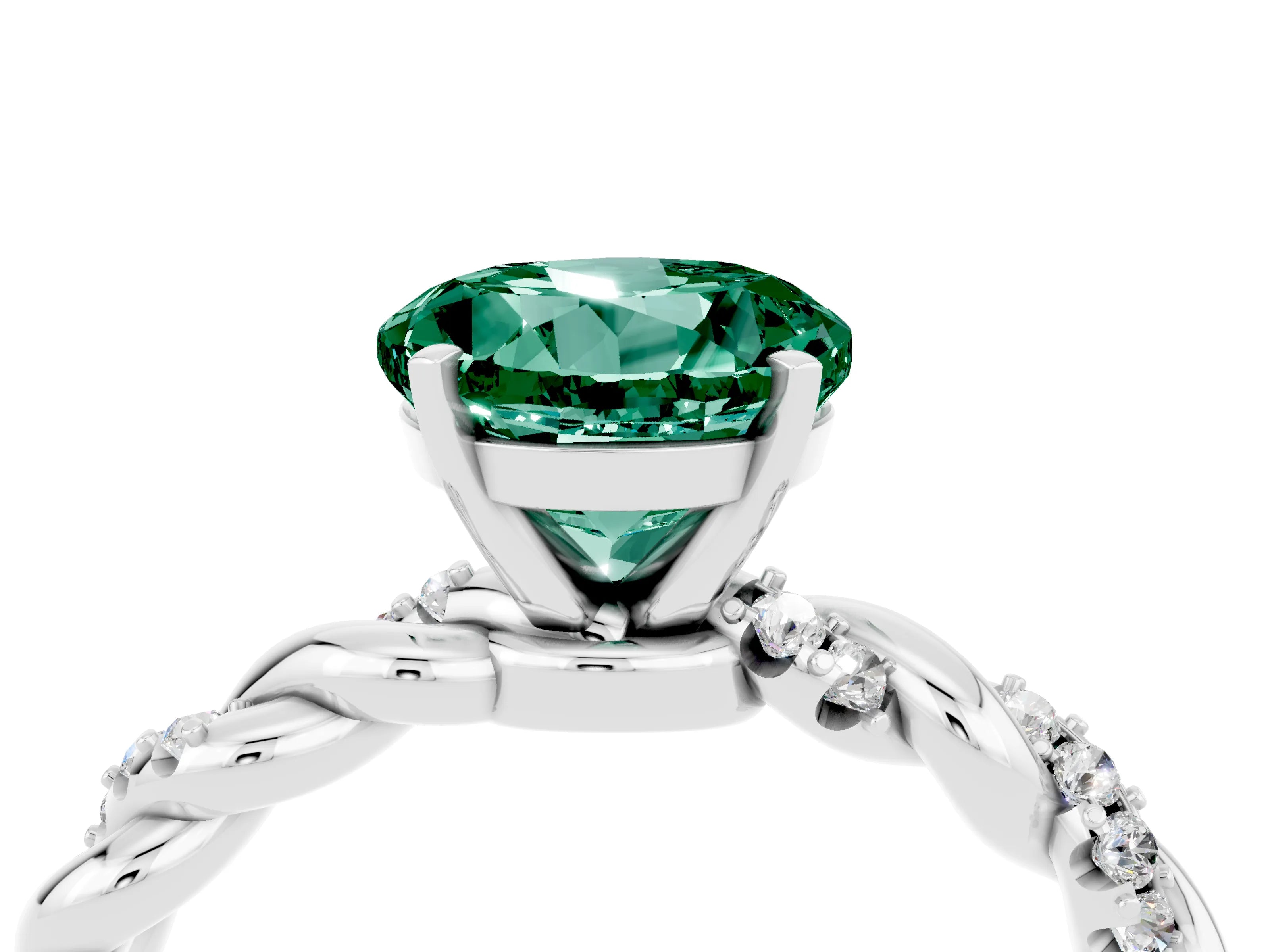 White gold Round Cut Green Sapphire Solitaire Ring with Twisted Band and Pavé Accents_4