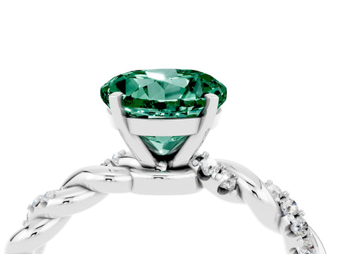 White gold Round Cut Green Sapphire Solitaire Ring with Twisted Band and Pavé Accents_4