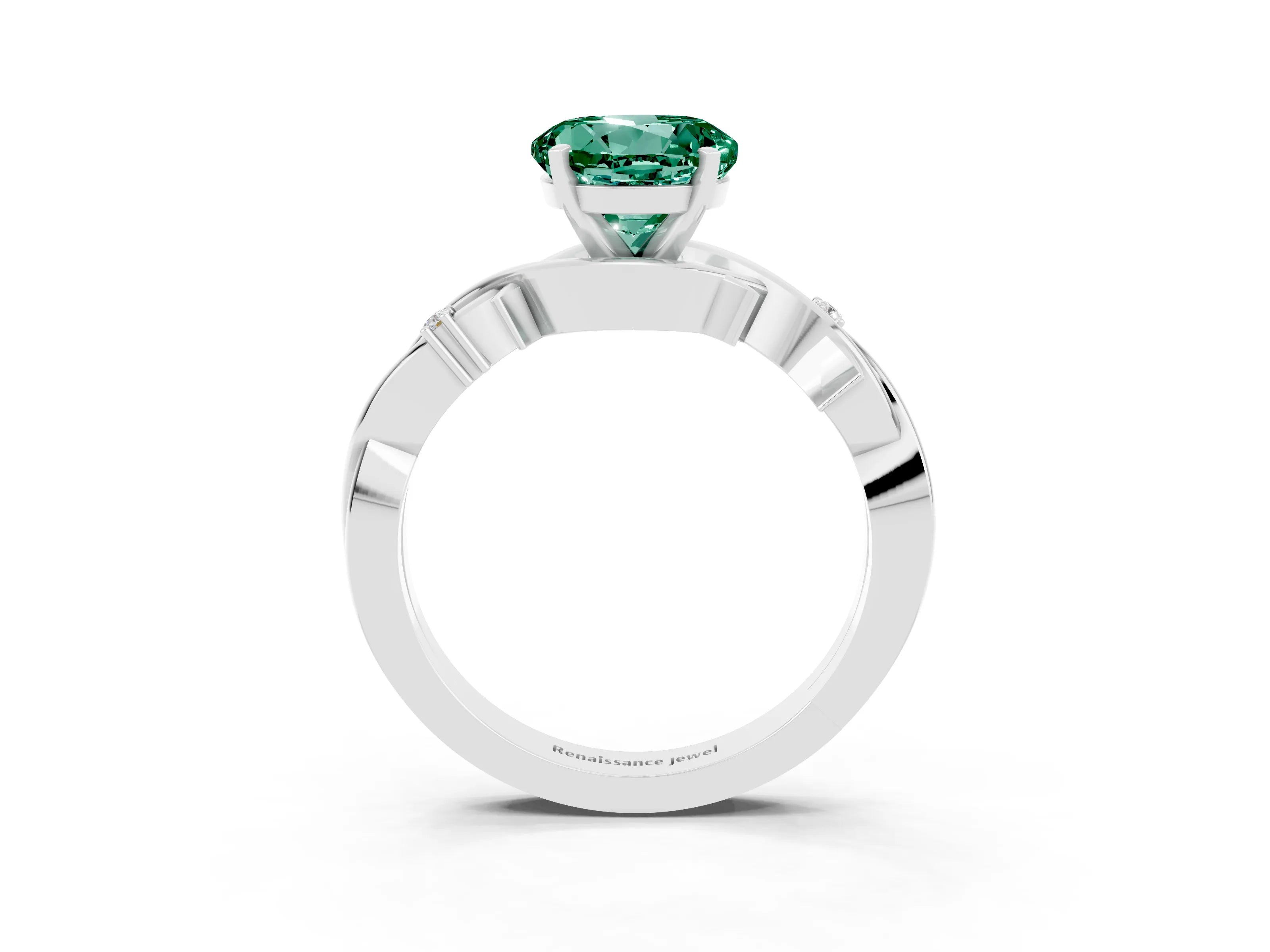 White gold Round Cut Green Sapphire Solitaire Ring with Twisted Band and Prong Setting_15