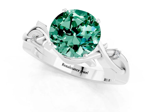 White gold Round Cut Green Sapphire Solitaire Ring with Twisted Band and Prong Setting_1
