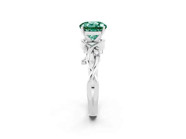 Platinum Round Cut Green Sapphire Solitaire Ring with Twisted Band and Prong Setting