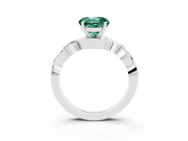 Platinum Round Cut Green Sapphire Solitaire Ring with Twisted Band and Prong Setting
