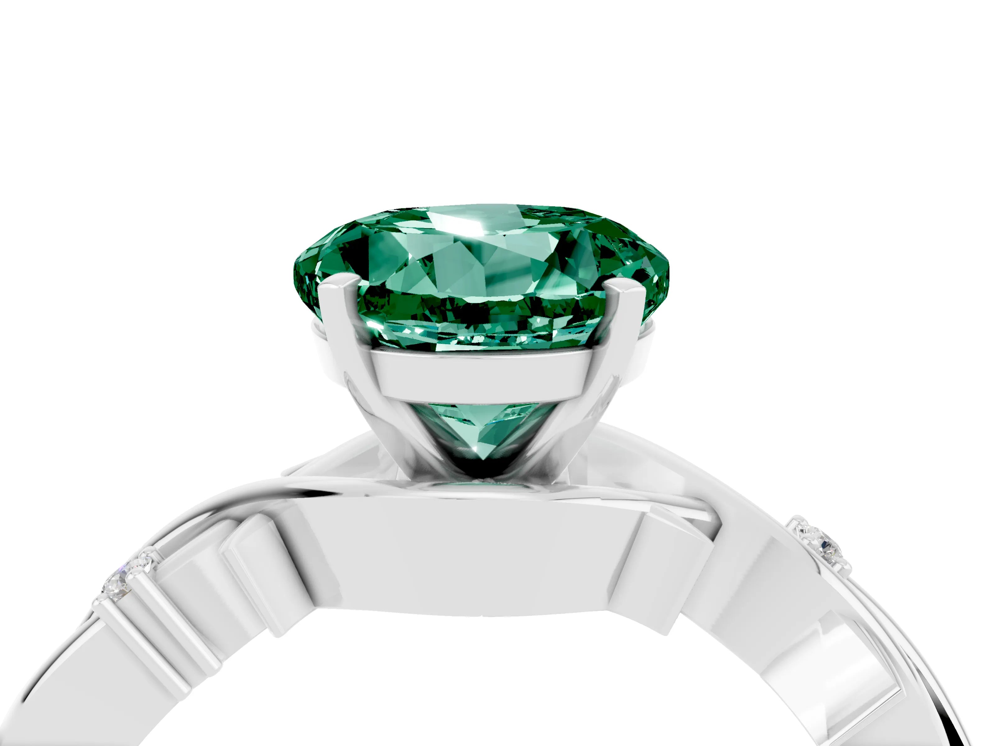 White gold Round Cut Green Sapphire Solitaire Ring with Twisted Band and Prong Setting_4