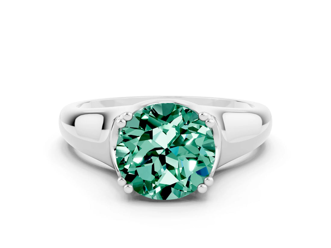 White gold Round Cut Green Sapphire Solitaire Ring with Wide Band and Prong Setting