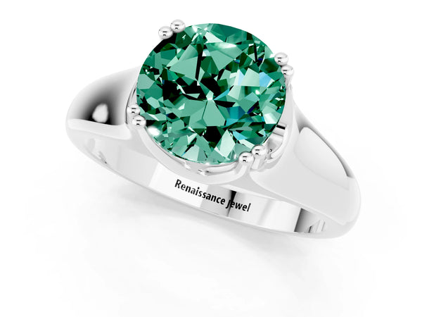 Silver Round Cut Green Sapphire Solitaire Ring with Wide Band and Prong Setting