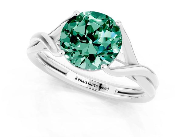 Silver Round Cut Green Sapphire Solitaire Twist Band Prong Setting Ring