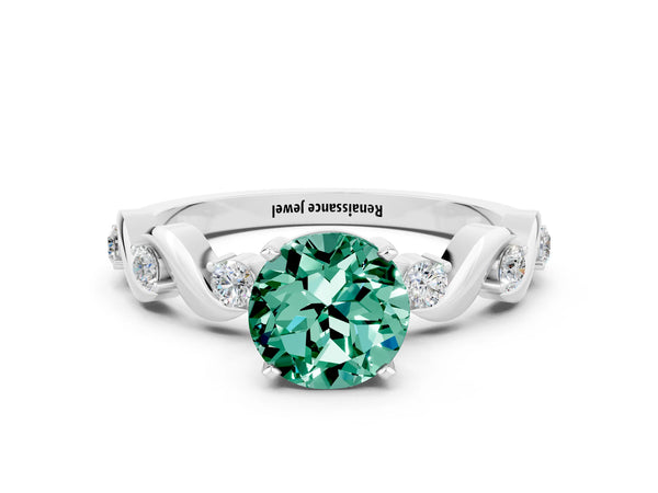 Platinum Round Cut Green Sapphire Solitaire Twisted Band with Round  Accents and Prong Setting