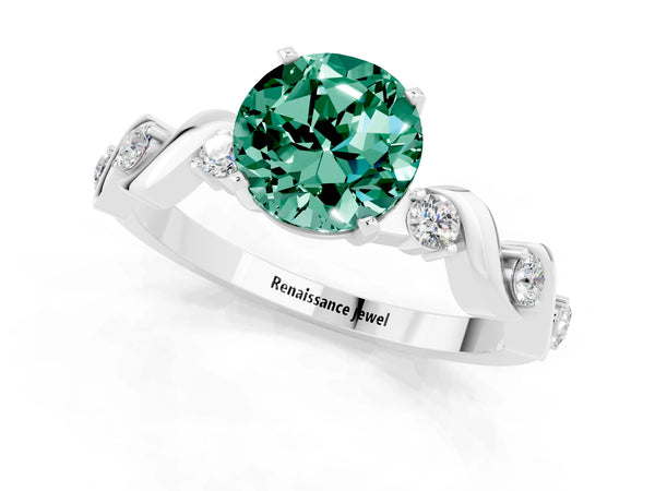 White gold Round Cut Green Sapphire Solitaire Twisted Band with Round  Accents and Prong Setting
