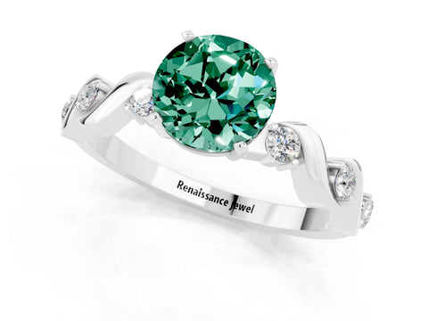 White gold Round Cut Green Sapphire Solitaire Twisted Band with Round  Accents and Prong Setting_13