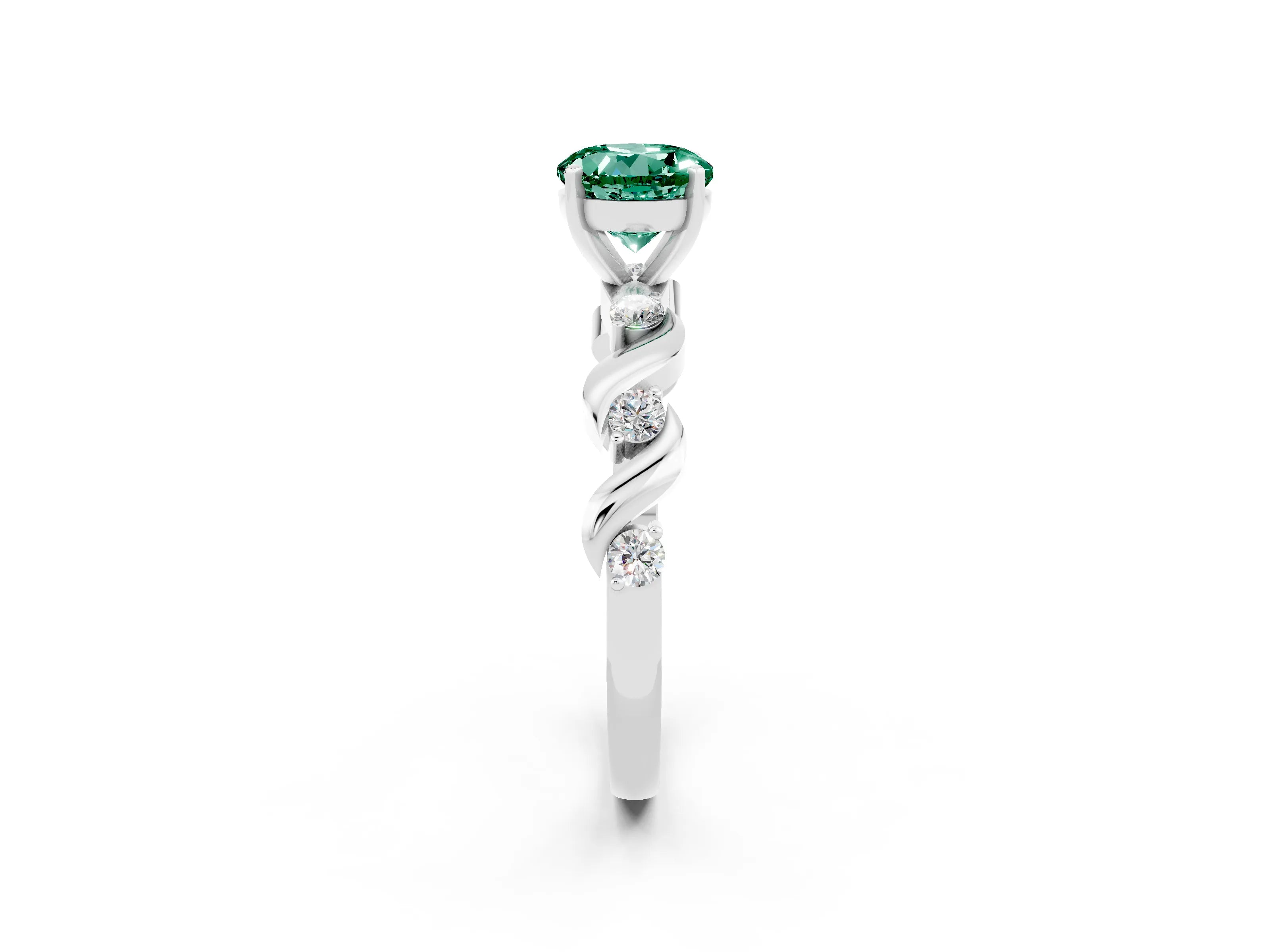 White gold Round Cut Green Sapphire Solitaire Twisted Band with Round  Accents and Prong Setting_14