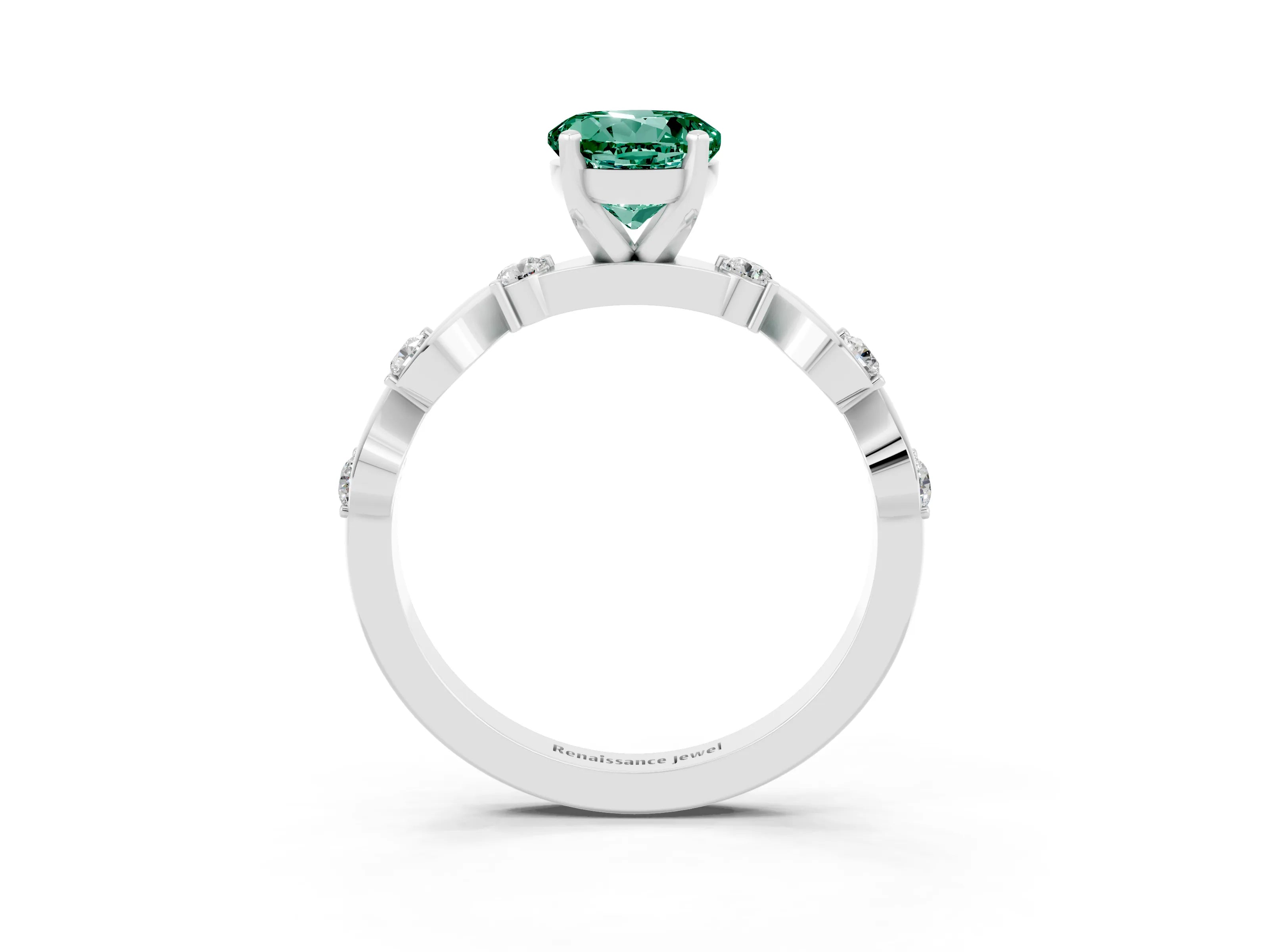White gold Round Cut Green Sapphire Solitaire Twisted Band with Round  Accents and Prong Setting_15