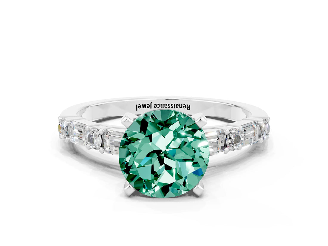 White gold Round Cut Green Sapphire Solitaire with Side Baguettes and Channel Set Band
