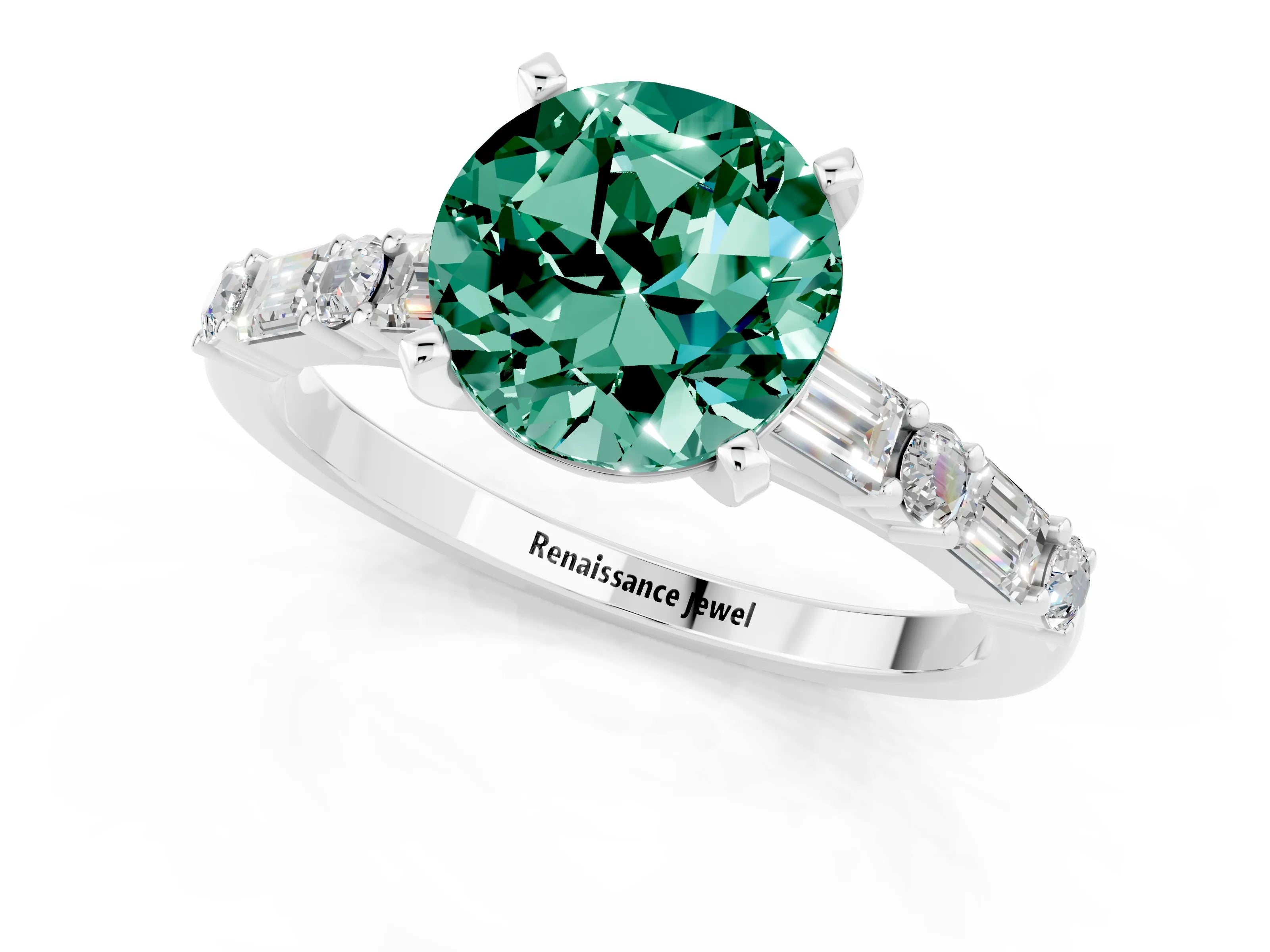 White gold Round Cut Green Sapphire Solitaire with Side Baguettes and Channel Set Band_1