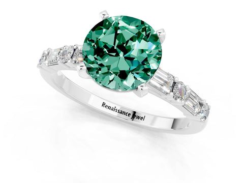 White gold Round Cut Green Sapphire Solitaire with Side Baguettes and Channel Set Band_1