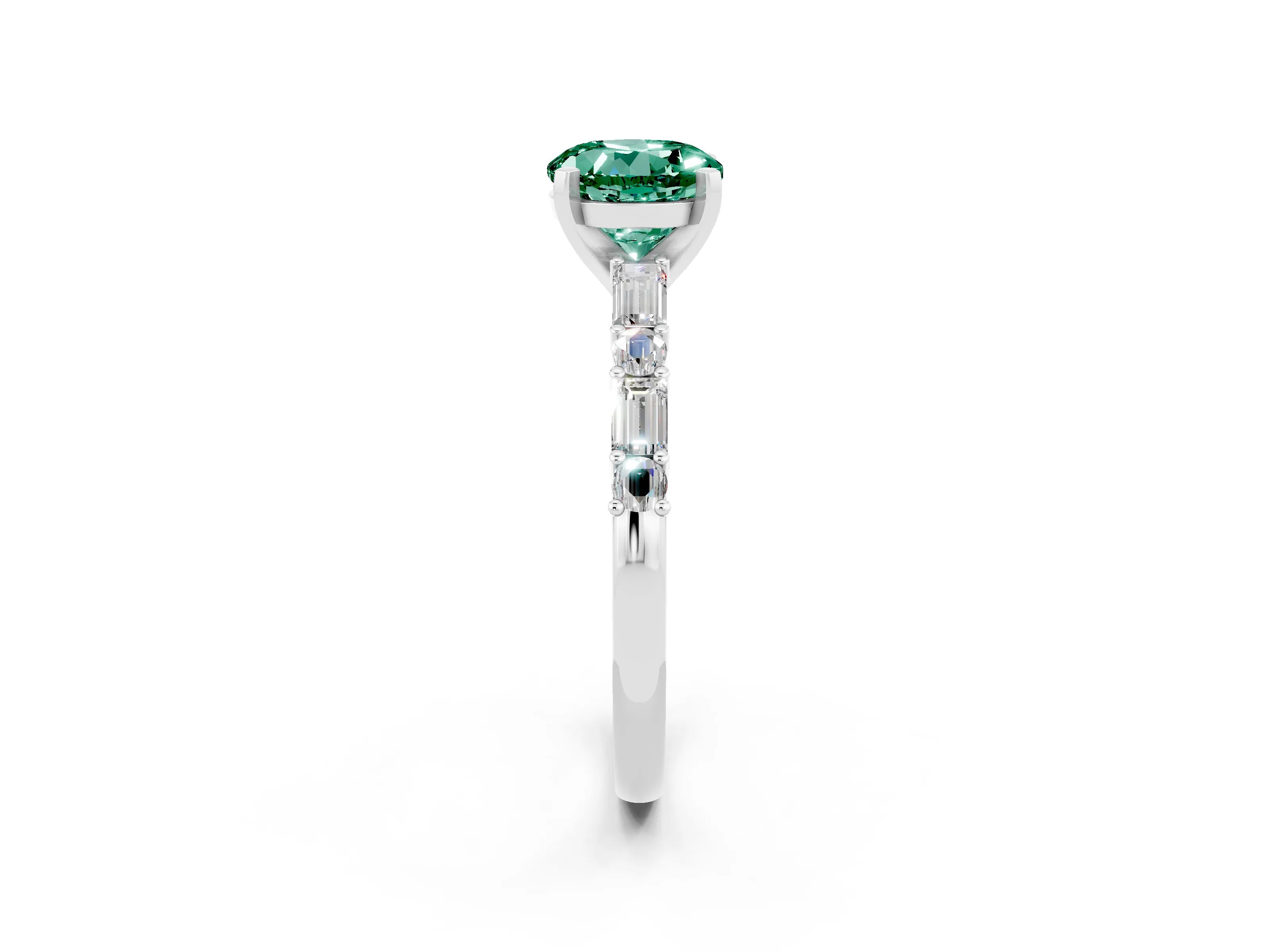 White gold Round Cut Green Sapphire Solitaire with Side Baguettes and Channel Set Band_2