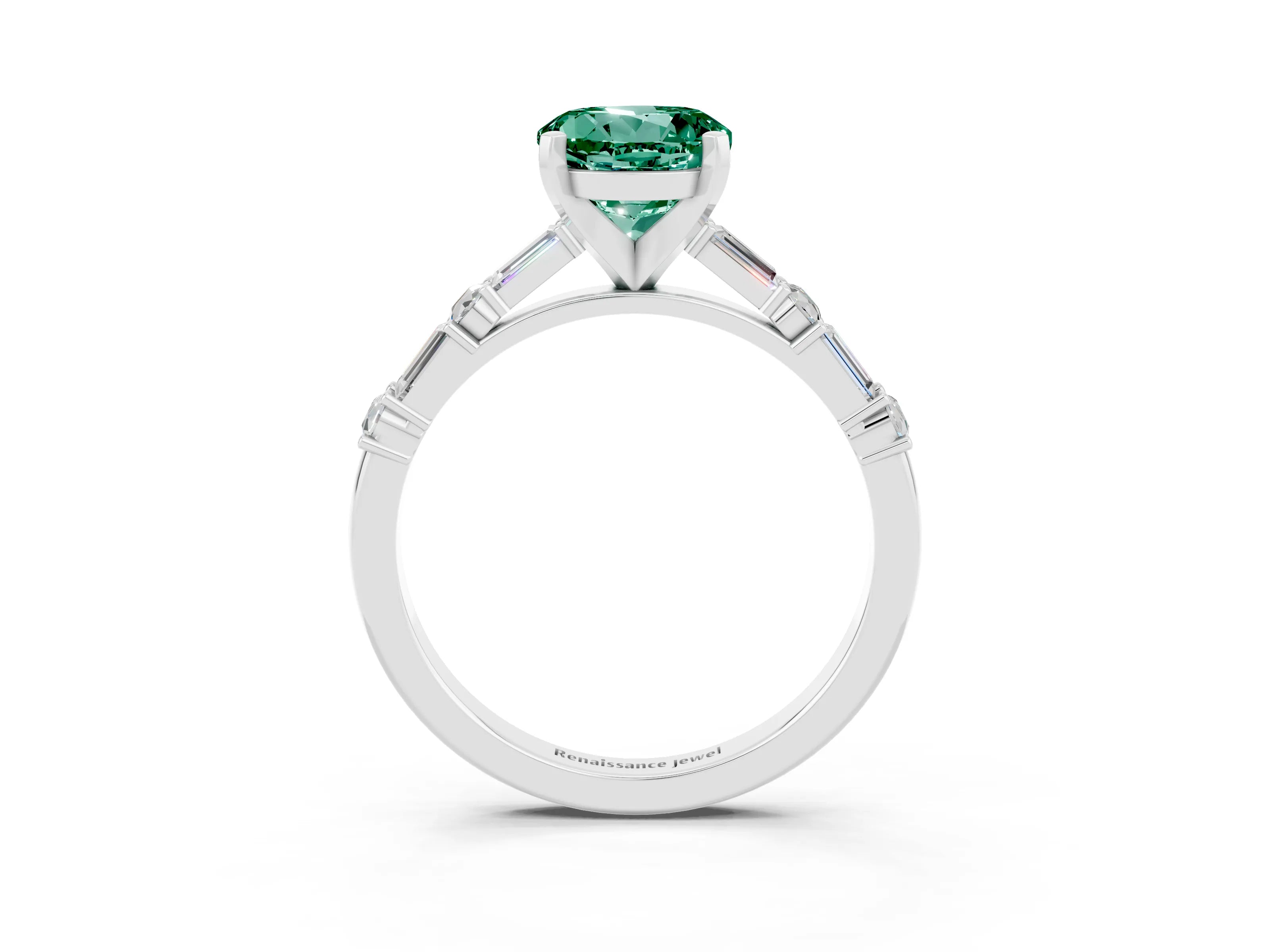 White gold Round Cut Green Sapphire Solitaire with Side Baguettes and Channel Set Band_3
