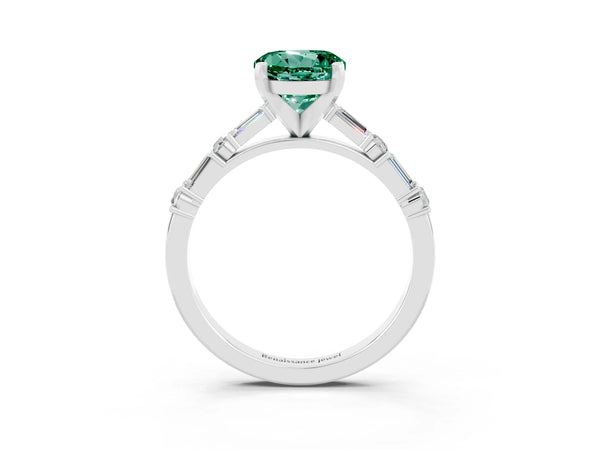 White gold Round Cut Green Sapphire Solitaire with Side Baguettes and Channel Set Band