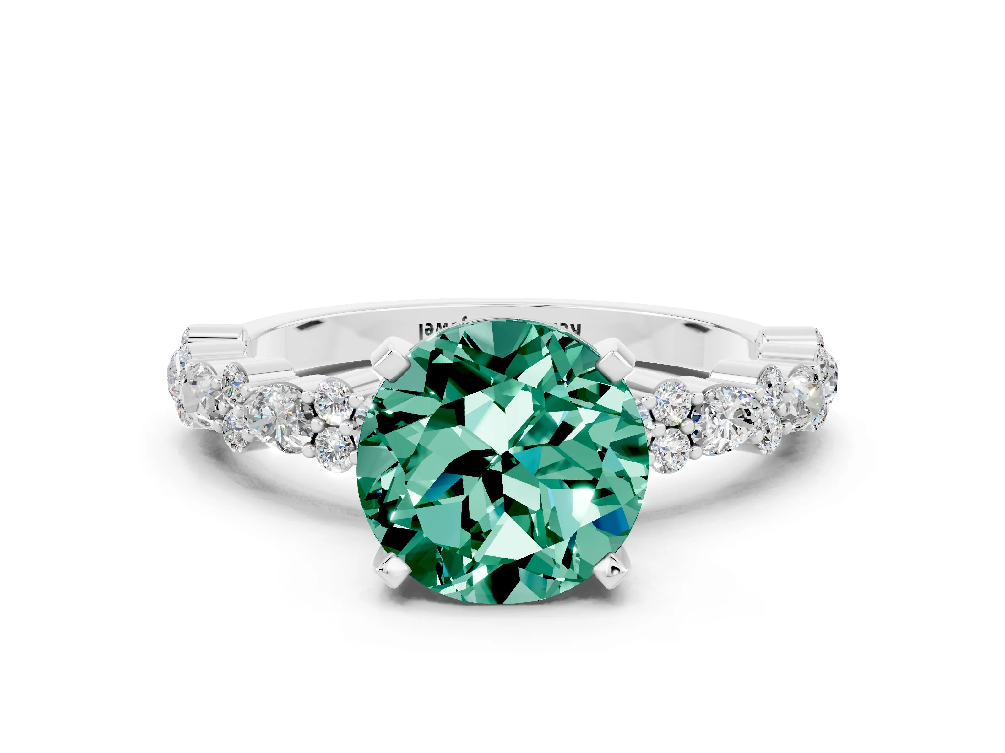 White gold Round Cut Green Sapphire Solitaire with Side Stones, Pave Band, Four-Prong Setting_24