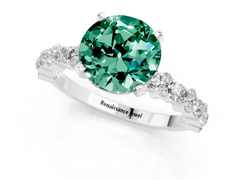 White gold Round Cut Green Sapphire Solitaire with Side Stones, Pave Band, Four-Prong Setting_25