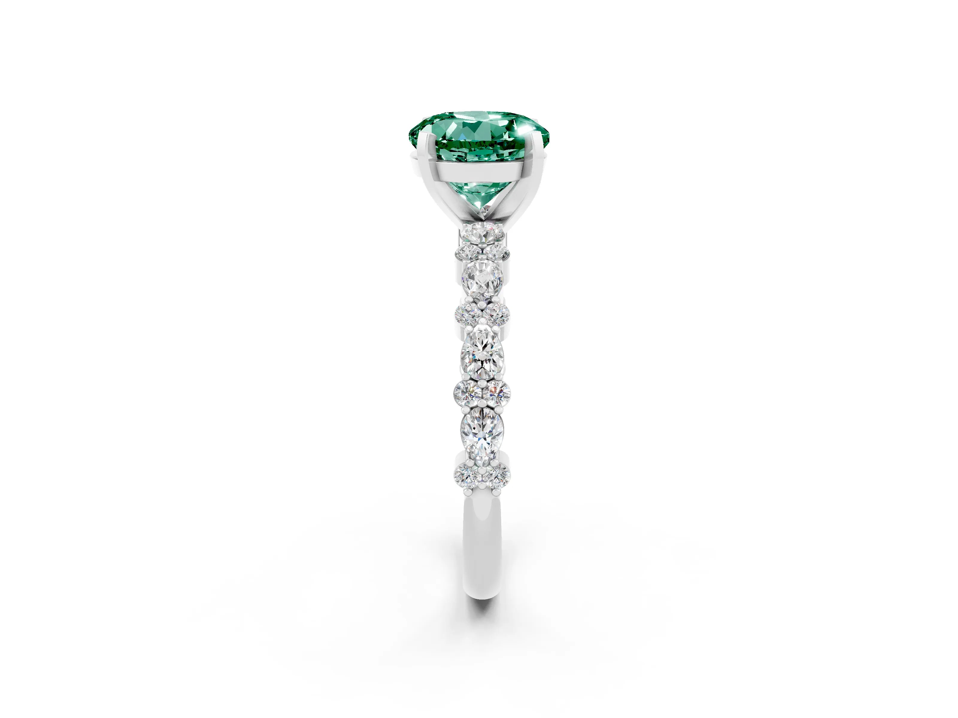 White gold Round Cut Green Sapphire Solitaire with Side Stones, Pave Band, Four-Prong Setting_26