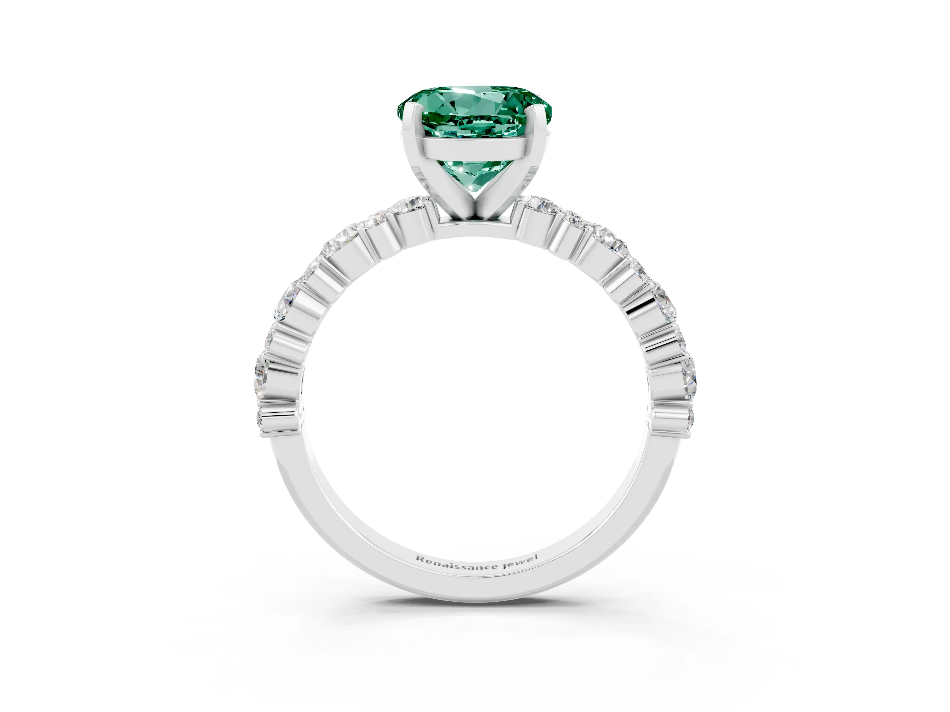 White gold Round Cut Green Sapphire Solitaire with Side Stones, Pave Band, Four-Prong Setting_27