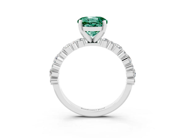 White gold Round Cut Green Sapphire Side Stone Solitaire Ring with Round  and Four-Prong Setting