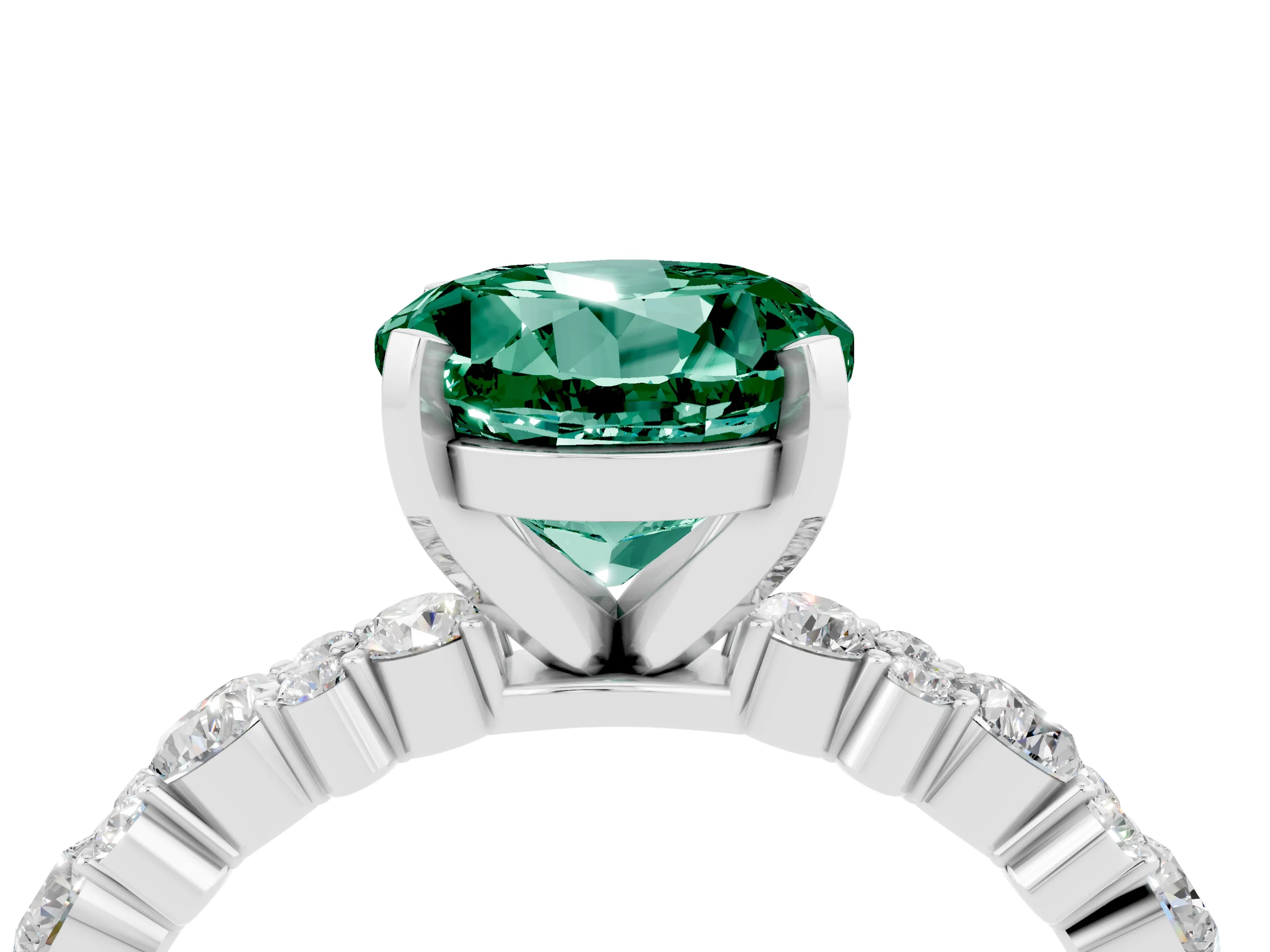 White gold Round Cut Green Sapphire Solitaire with Side Stones, Pave Band, Four-Prong Setting_28