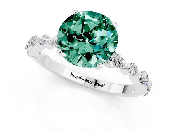 Platinum Round Cut Green Sapphire Ring with Marquise and Round  Side Stones and Four-Prong Setting