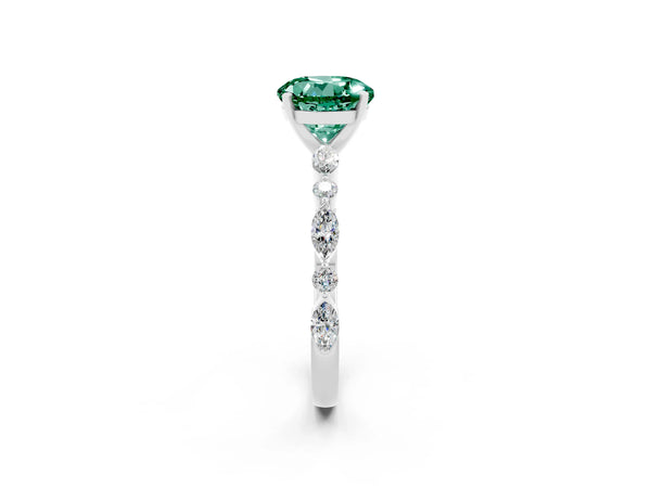 Platinum Round Cut Green Sapphire Ring with Marquise and Round  Side Stones and Four-Prong Setting