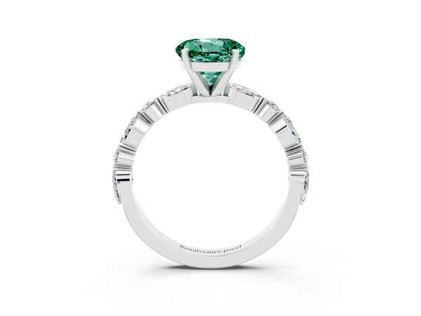 Platinum Round Cut Green Sapphire Ring with Marquise and Round  Side Stones and Four-Prong Setting