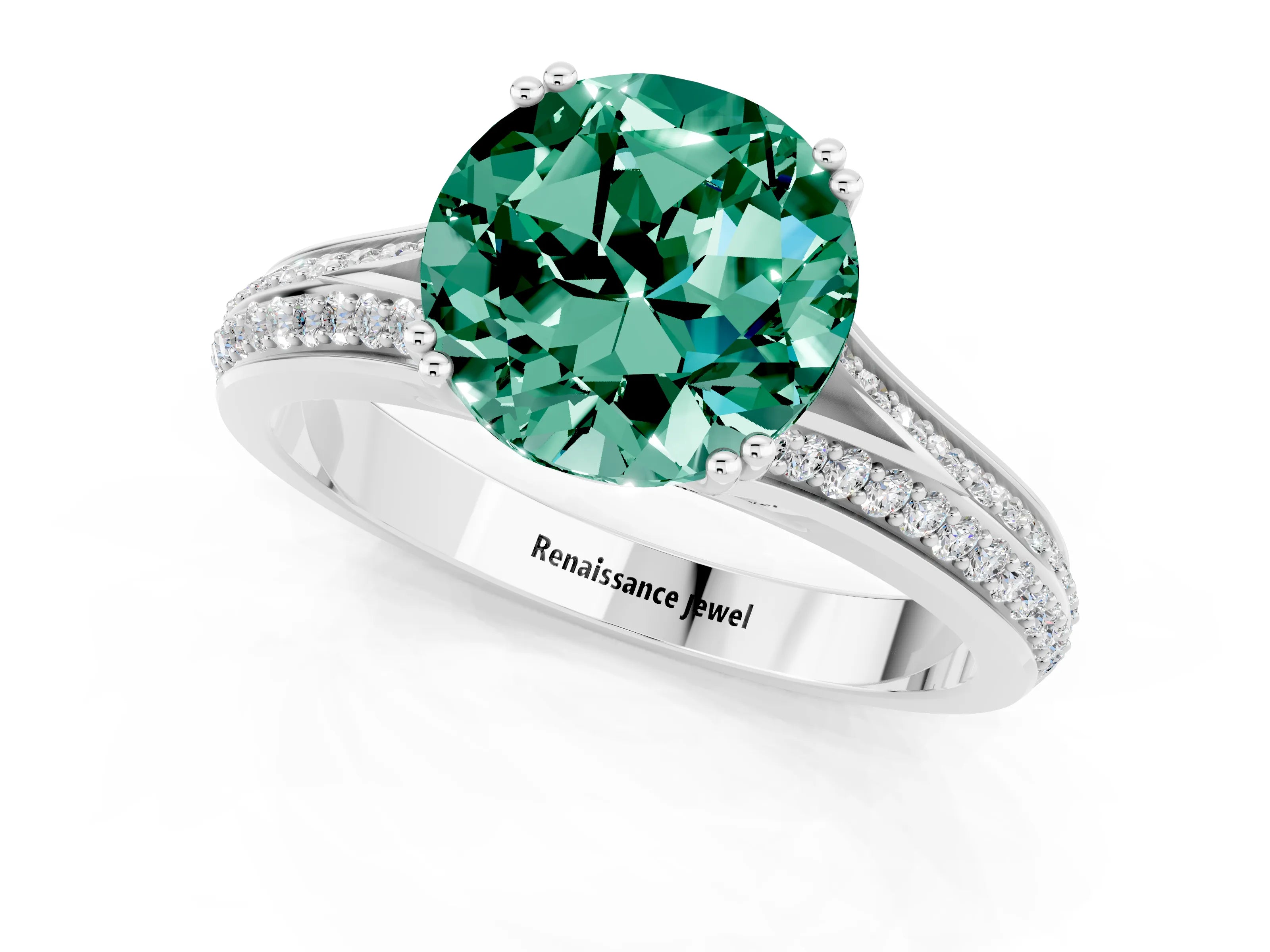 White gold Round Cut Green Sapphire Split Shank Engagement Ring with Pavé Band_1