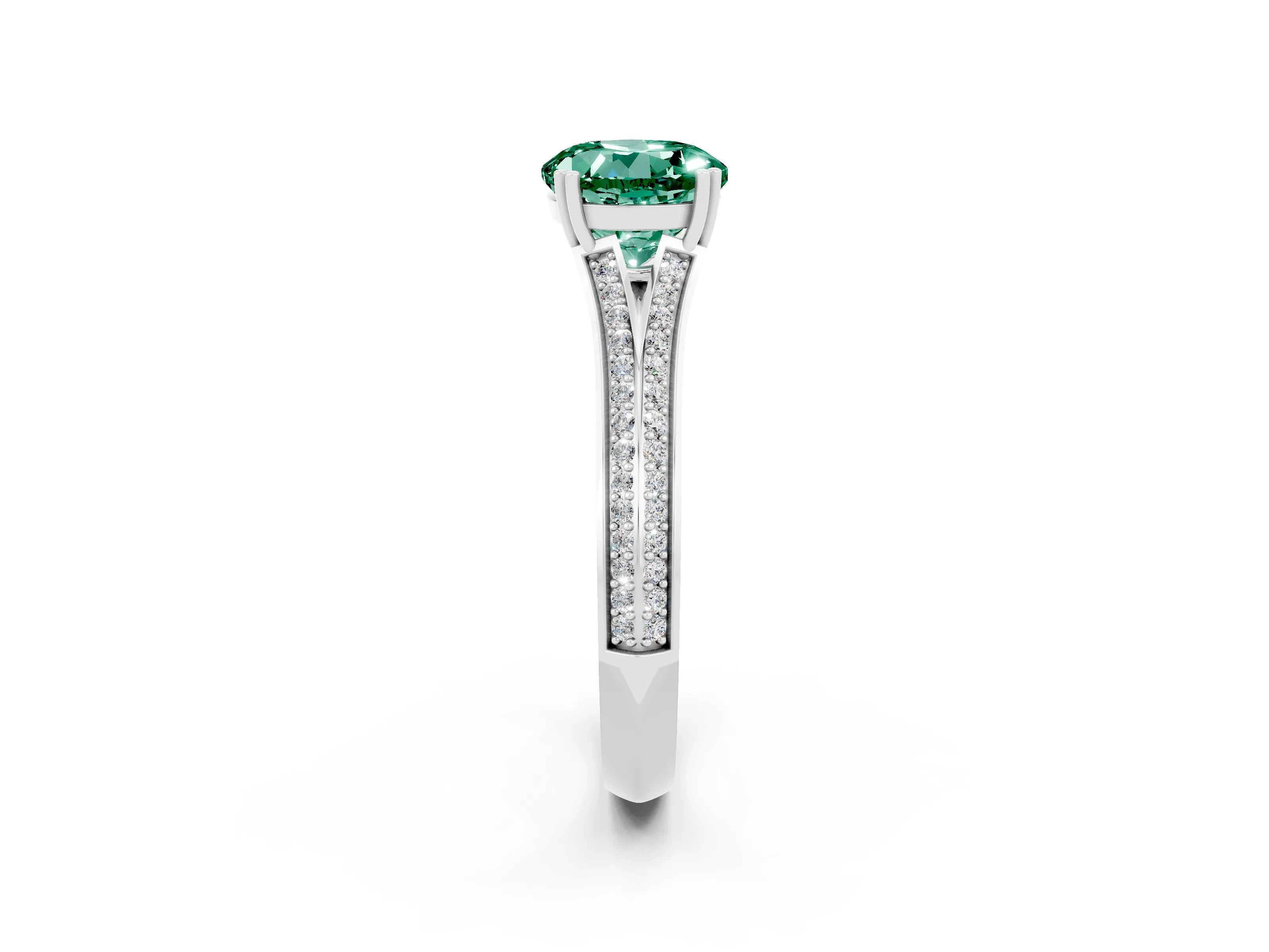 White gold Round Cut Green Sapphire Split Shank Engagement Ring with Pavé Band_2