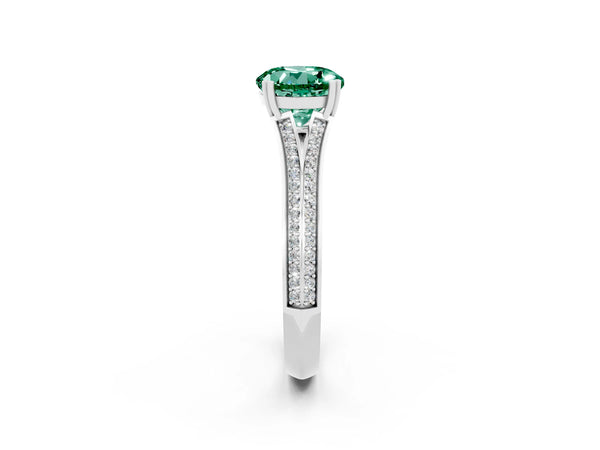 White gold Round Cut Green Sapphire Split Shank Engagement Ring with Pavé Band