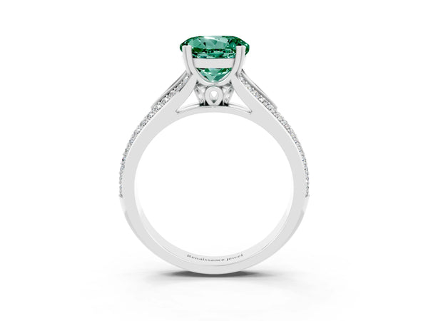 White gold Round Cut Green Sapphire Split Shank Engagement Ring with Pavé Band
